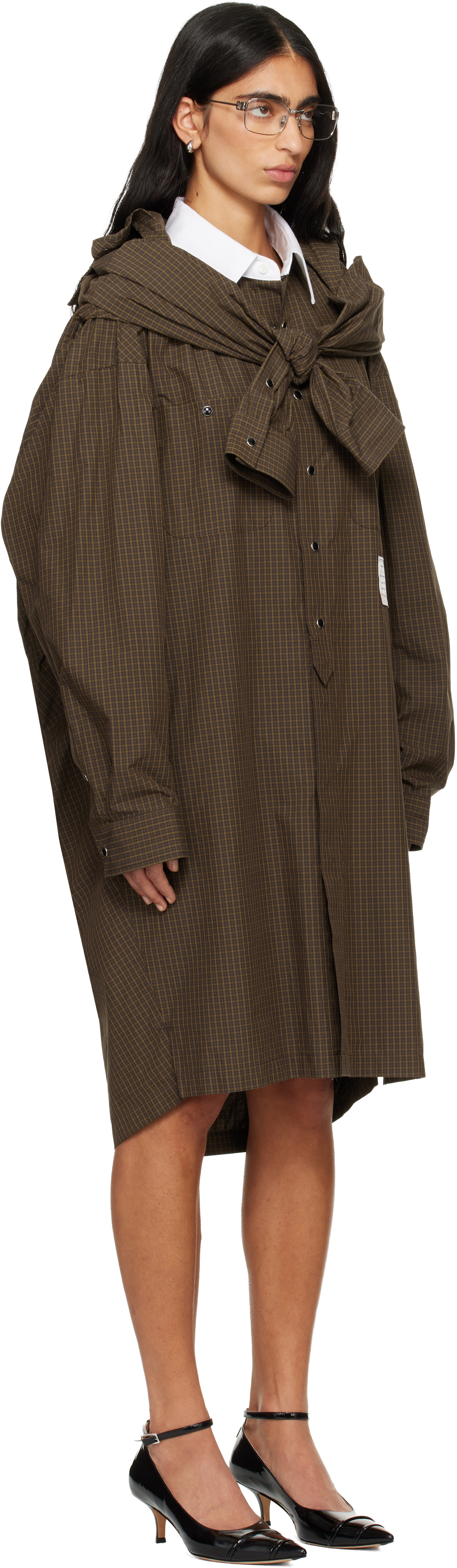 Maison MIHARA YASUHIRO Brown Sleeve Layered Check Shirt Midi Dress