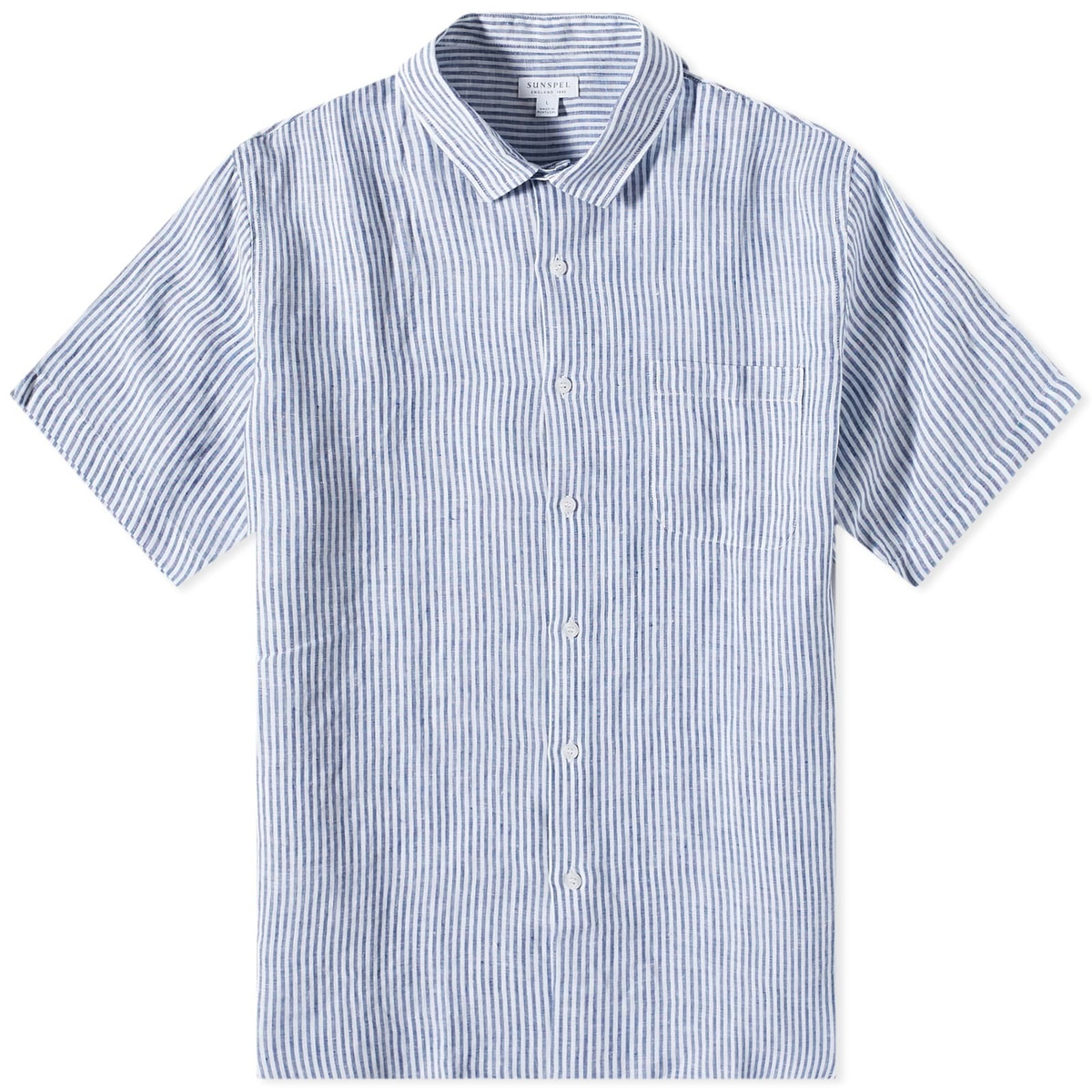 Sunspel Men's Linen Vacation Shirt in Navy/White Linen Stripe Sunspel