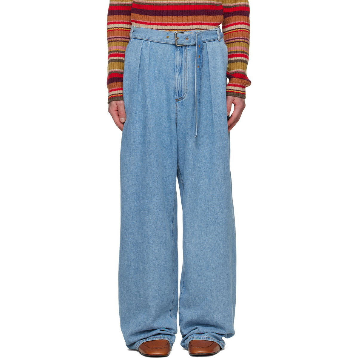 Dries Van Noten Blue Belted Pleat Jeans
