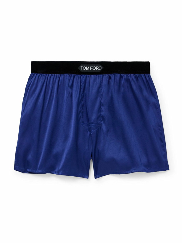 Photo: TOM FORD - Velvet-Trimmed Stretch-Silk Satin Boxer Shorts - Blue