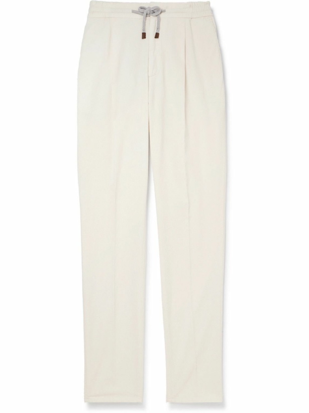 Photo: Brunello Cucinelli - Tapered Pleated Cotton-Corduroy Drawstring Trousers - Neutrals