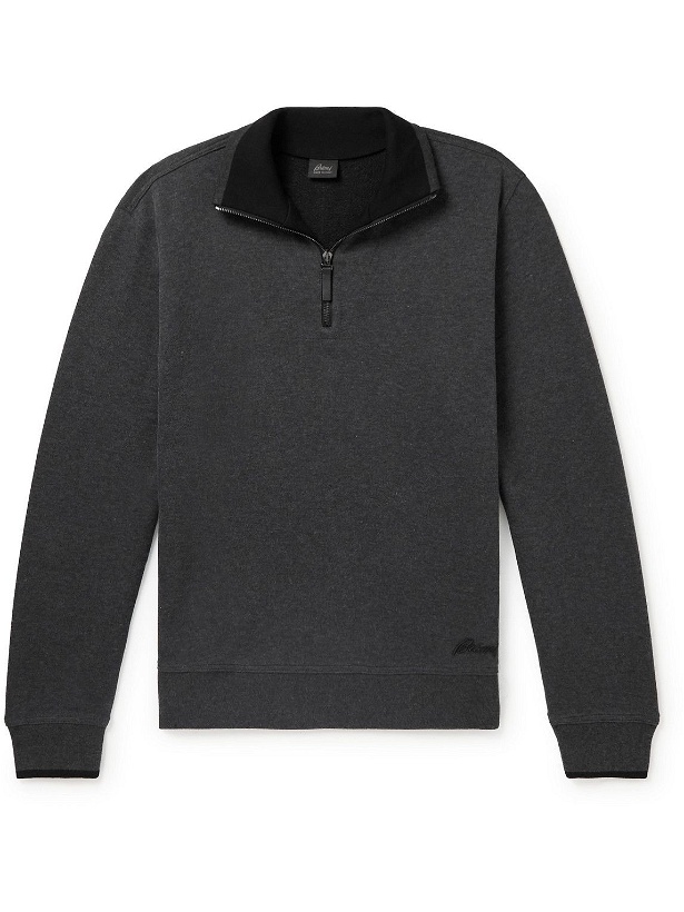 Photo: Brioni - Logo-Embroidered Cotton-Blend Jersey Half-Zip Sweatshirt - Gray