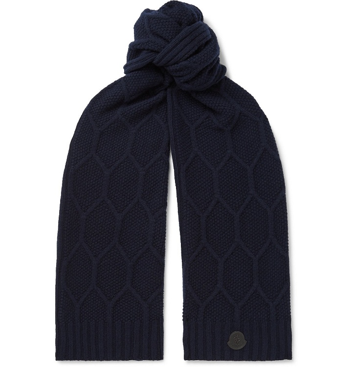 Photo: Moncler - Logo-Appliquéd Cable-Knit Wool Scarf - Blue