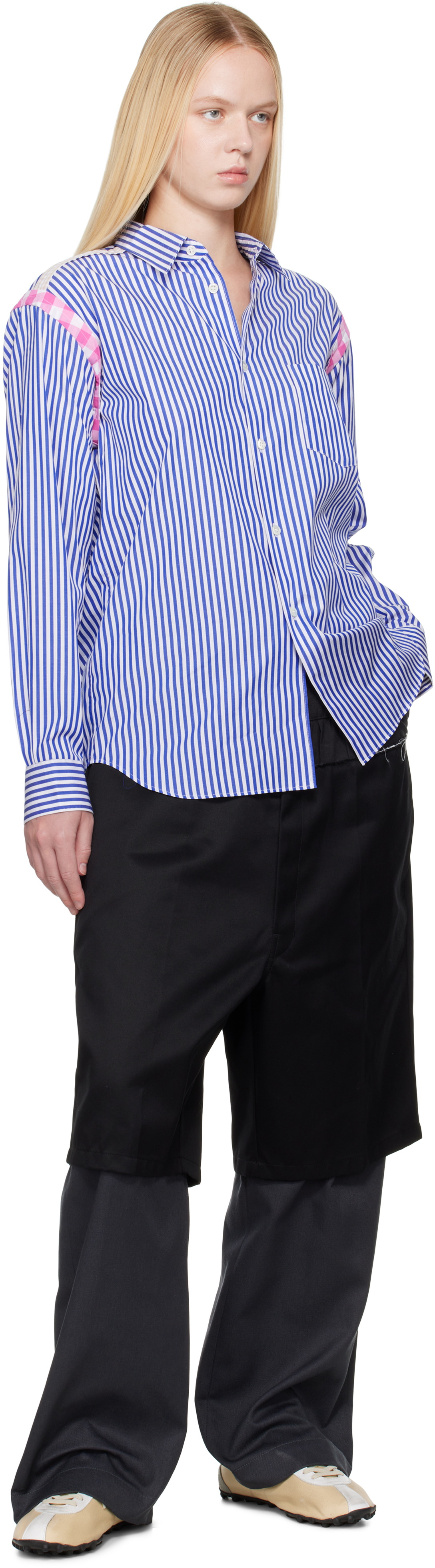 Comme des Garçons Shirt Blue & White Striped Gingham Trim Shirt