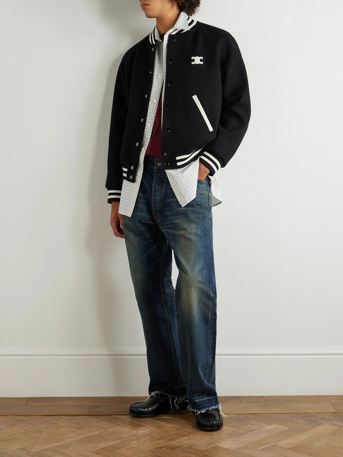 CELINE - Teddy Triomphe Leather-Trimmed Wool-Blend Varsity Jacket - Black