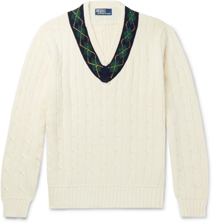 Photo: Polo Ralph Lauren - Argyle-Trimmed Cable-Knit Cotton and Cashmere-Blend Sweater - Neutrals