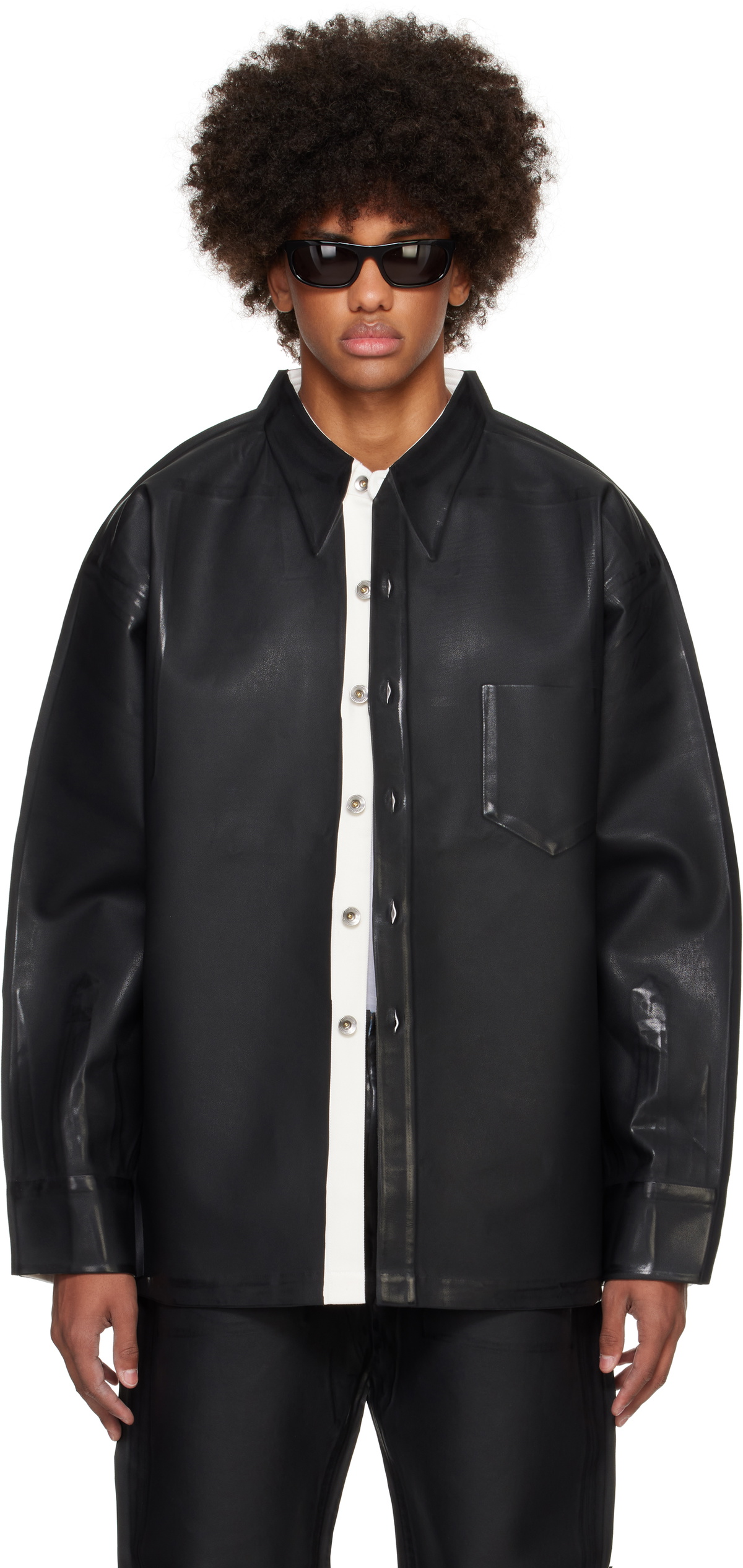 Karmuel Young Black Overprinted PU Leather Square Shirt