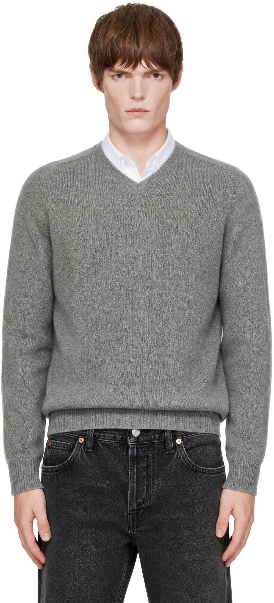 AMOMENTO Gray Racoon V-Neck Sweater