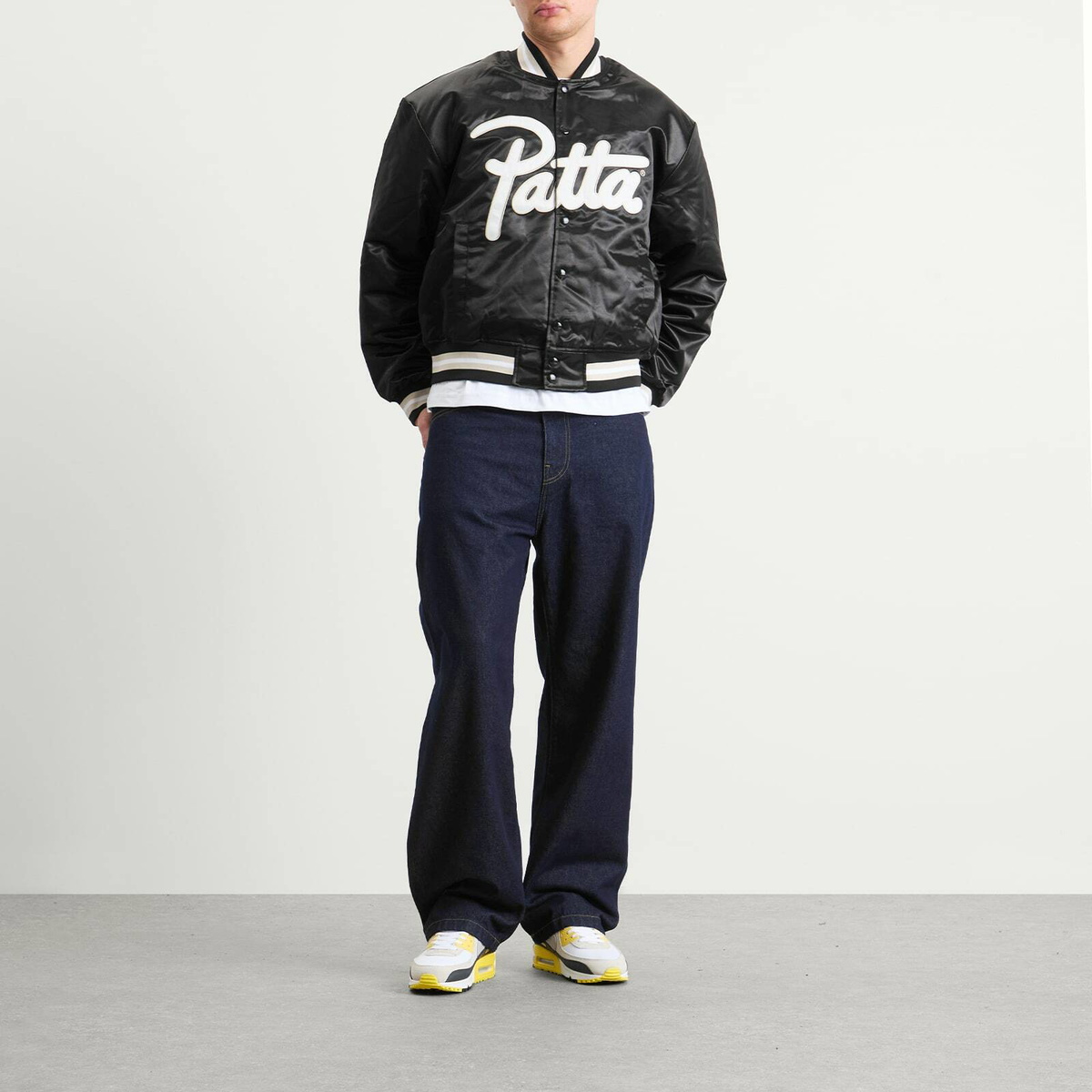 Patta Men's Script Logo Satin Varsity Jacket in Black