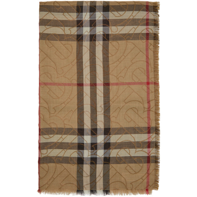 Photo: Burberry Beige Gauze Vintage Check Metallic Monogram Scarf