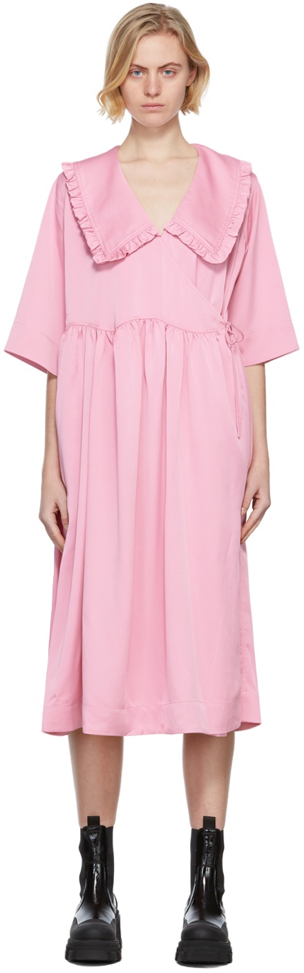 GANNI Pink Satin Oversized Wrap Midi Dress GANNI