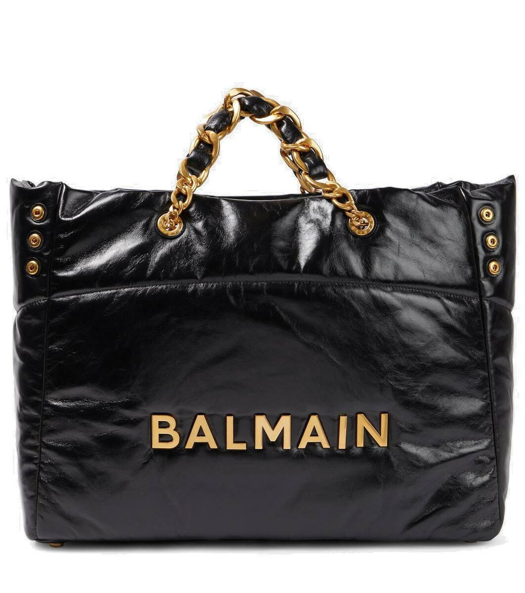 【関税＆送料込み】Balmain Black Leather Shopping Bag With Balmain B-Army Monogram Jacquard 36 Shopper Tote Bag | Saks