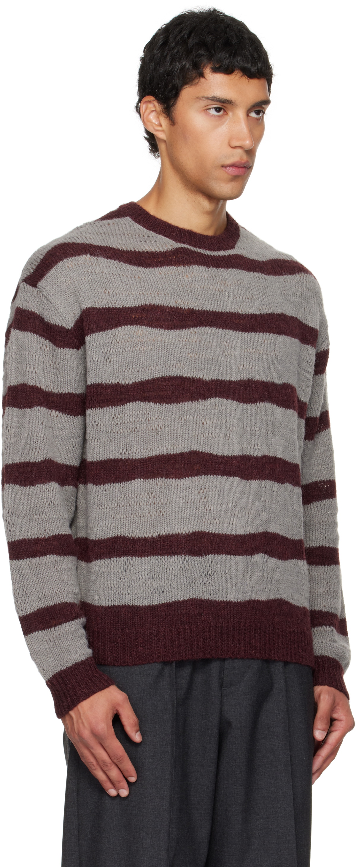 COOR Gray & Burgundy Hairy Stripe Knit Sweater