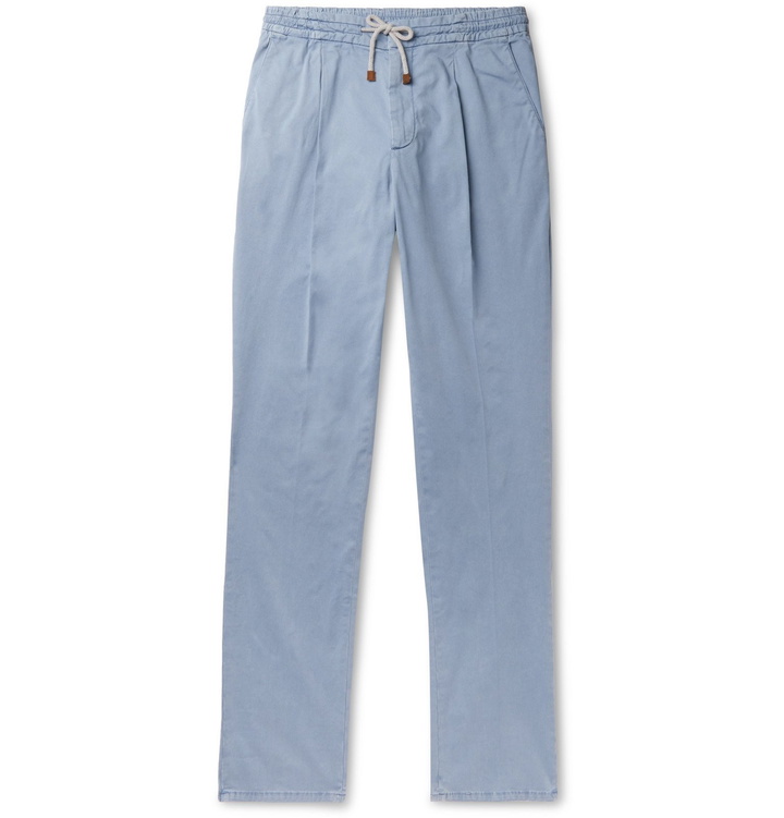 Photo: Brunello Cucinelli - Tapered Stretch-Cotton Twill Drawstring Trousers - Blue