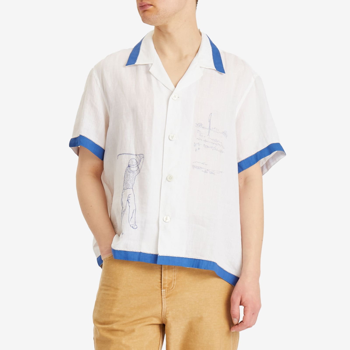 BODE Men's Club Champion Short Sleeve Shirt in White Blue
