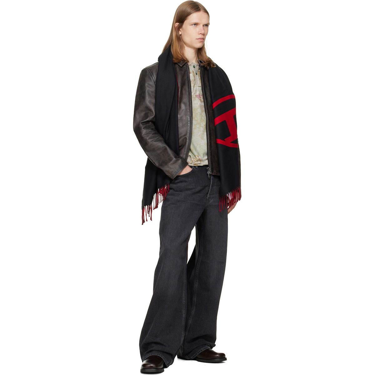 Diesel Black & Red Reversible Two Tone Wool Scarf