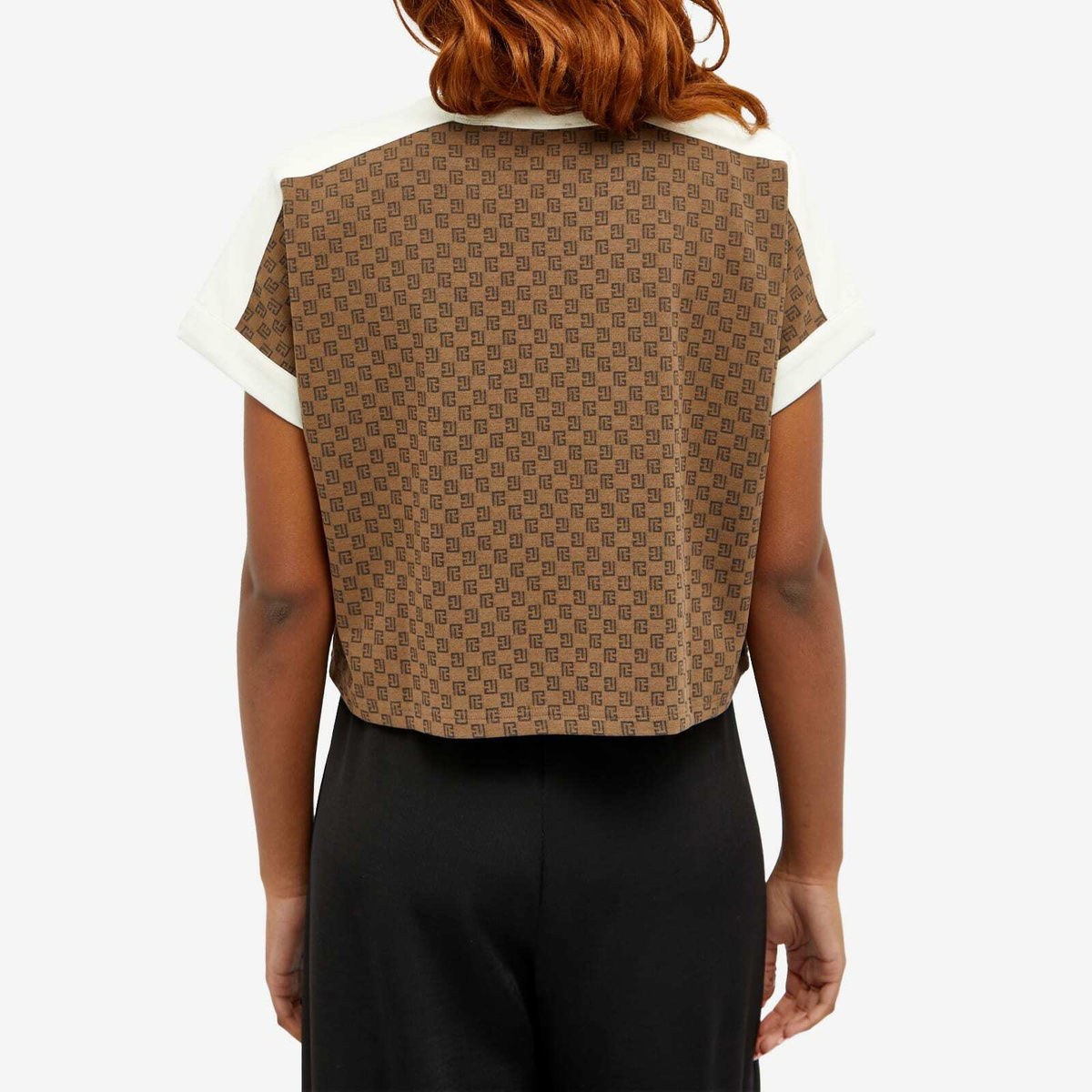 【関税込み】Balmain ブラウン Retro ミニモノグラム Tシャツ Balmain Women's Mini Monogram Printed Cropped T-Shirt in