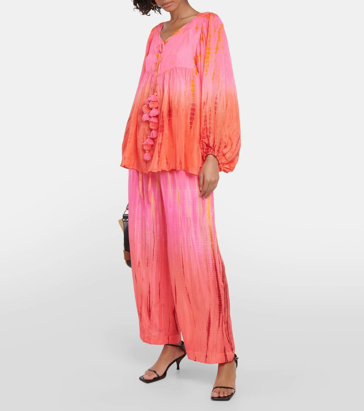 Anna Kosturova Balloon-sleeve tie-dyed pompom silk top