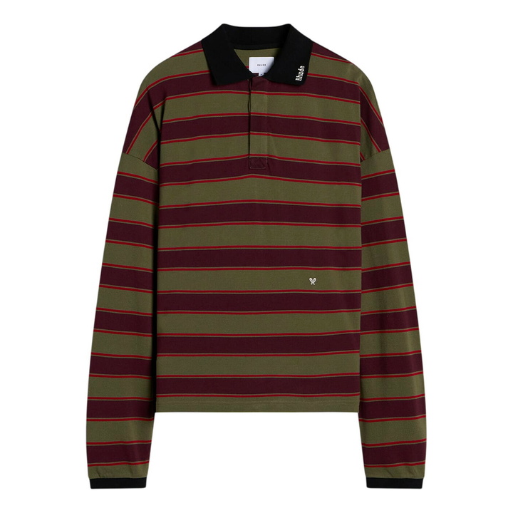 Photo: Rhude Men's Fontaine Striped Polo Shirt in Bordeaux/Olive Green