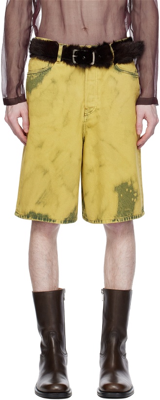 Photo: Dries Van Noten Green Garment-Dyed Denim Shorts