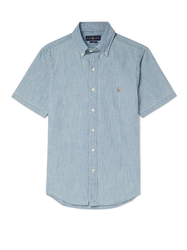 Photo: Polo Ralph Lauren - Slim-Fit Button-Down Collar Logo-Embroidered Cotton-Chambray Shirt - Blue