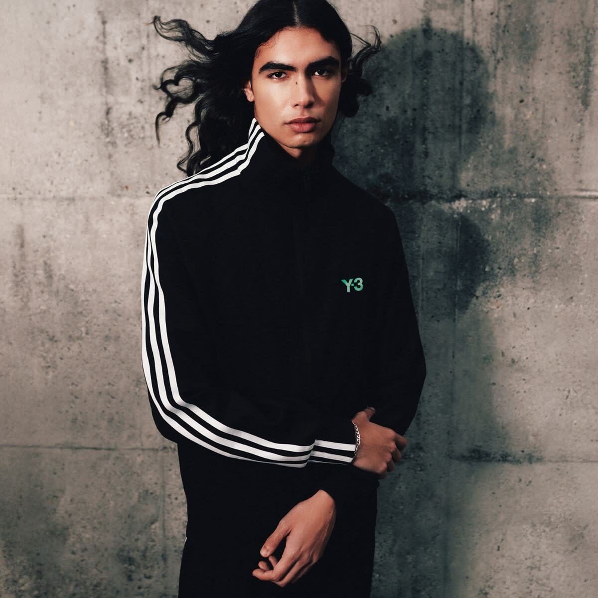END. x Y-3 Track Top 3 Stripes in Black/Metallic Silver/Court Green
