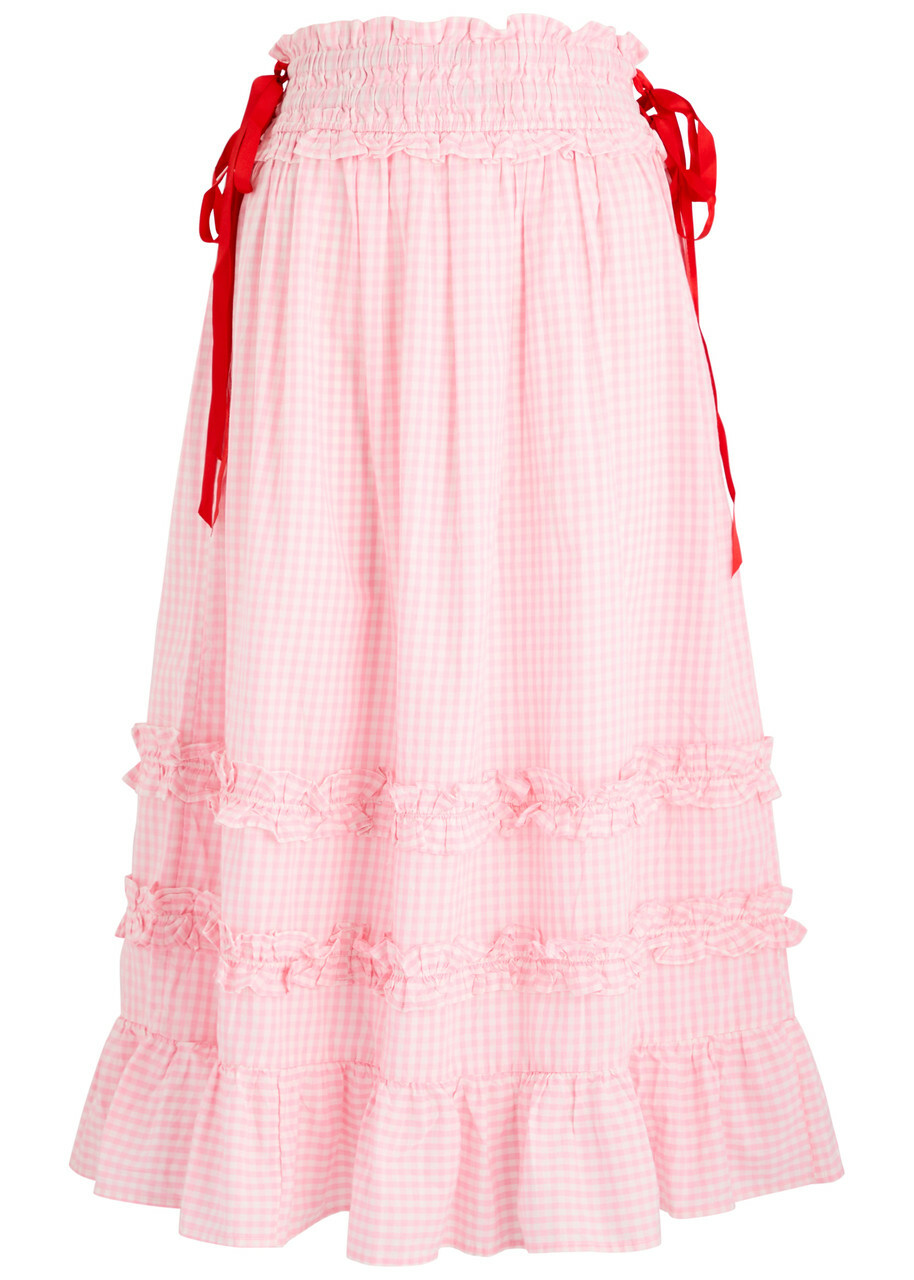 Damson Madder Olivia Gingham Cotton Midi Skirt Light Pink Damson