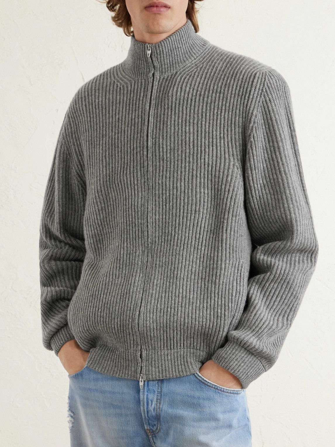 UMIT BENAN - Matt Ribbed Cashmere Zip-Up Cardigan - Gray