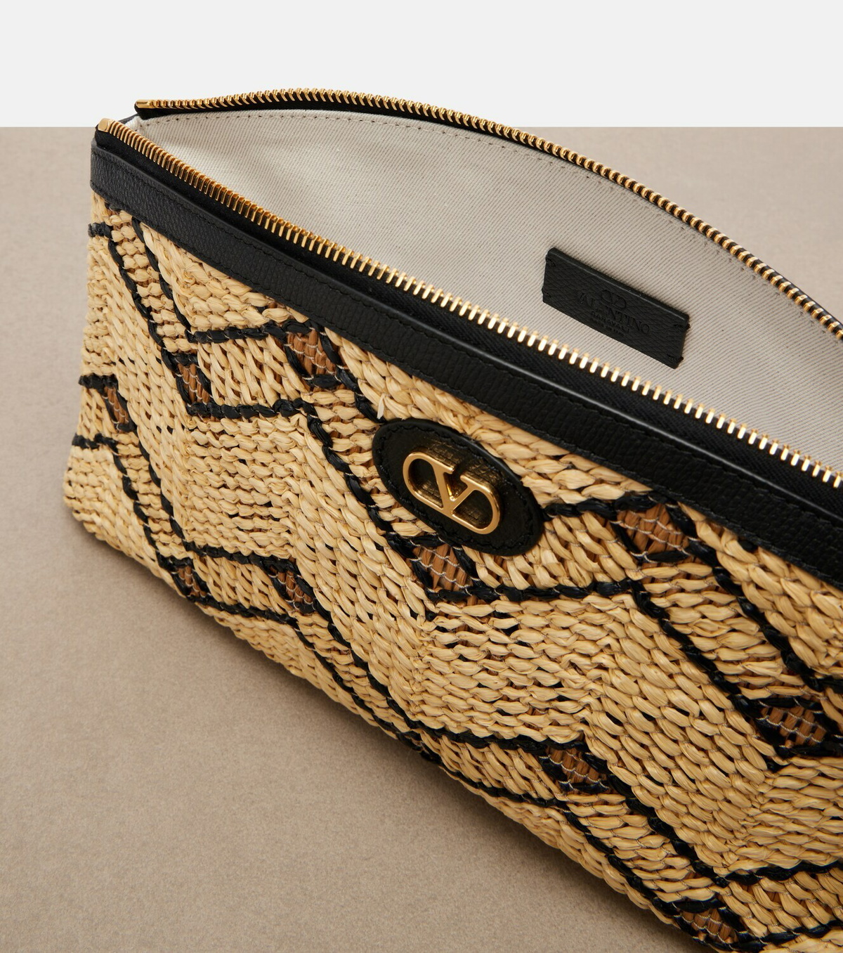 Valentino Garavani VLogo Small leather-trimmed raffia pouch