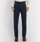 Zanella - Navy Newton Slim-Fit Pleated Herringbone Cotton and Linen-Blend Trousers - Blue