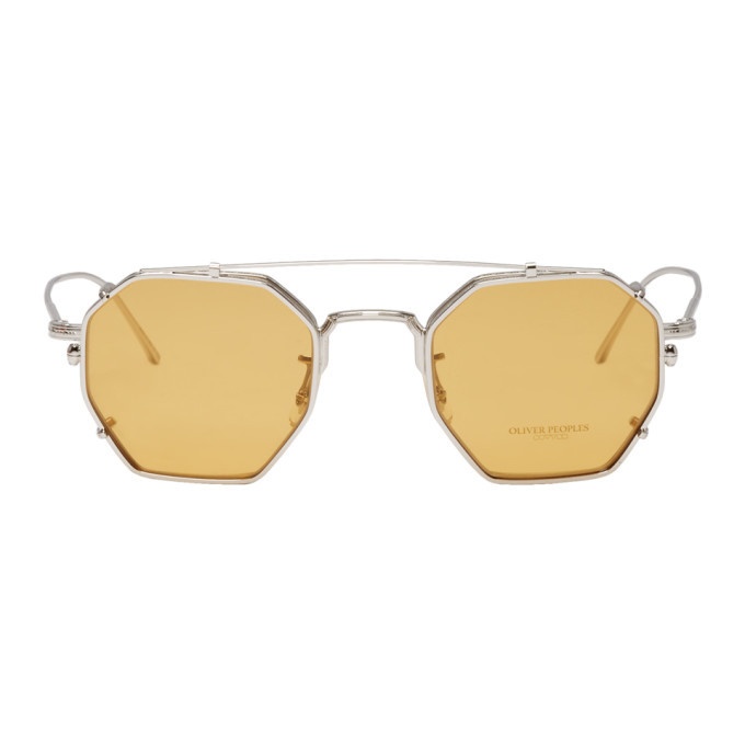Photo: Oliver Peoples Silver and Yellow Assouline Edition Octagon Clip-On Sunglasses
