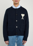 Ami Paris Logo-intarsia Wool-blend Cardigan Navy