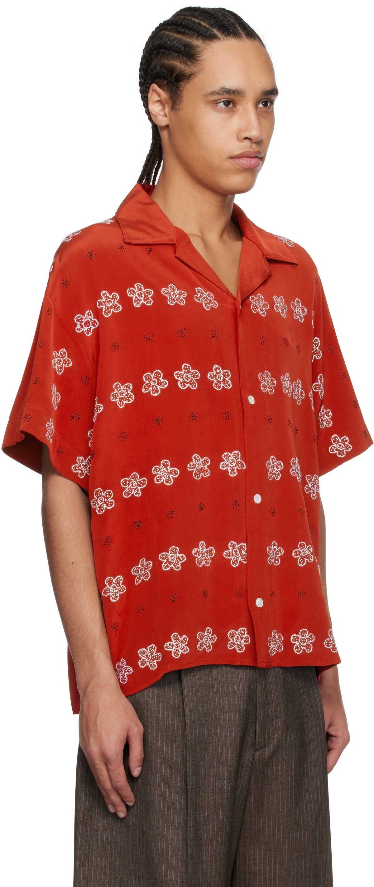 Glass Cypress Red Silk Flower Bowling Shirt