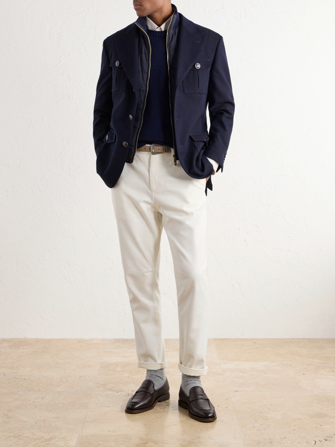 Brunello Cucinelli - Herringbone Wool and Cotton-Blend Twill Jacket with Detachable Shell Liner - Blue