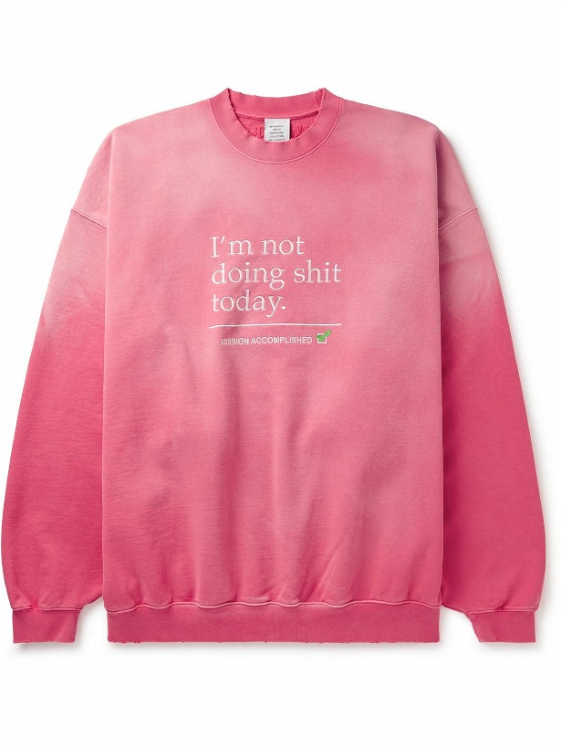Photo: VETEMENTS - Oversized Embroidered Printed Distressed Cotton-Jersey Sweatshirt - Pink