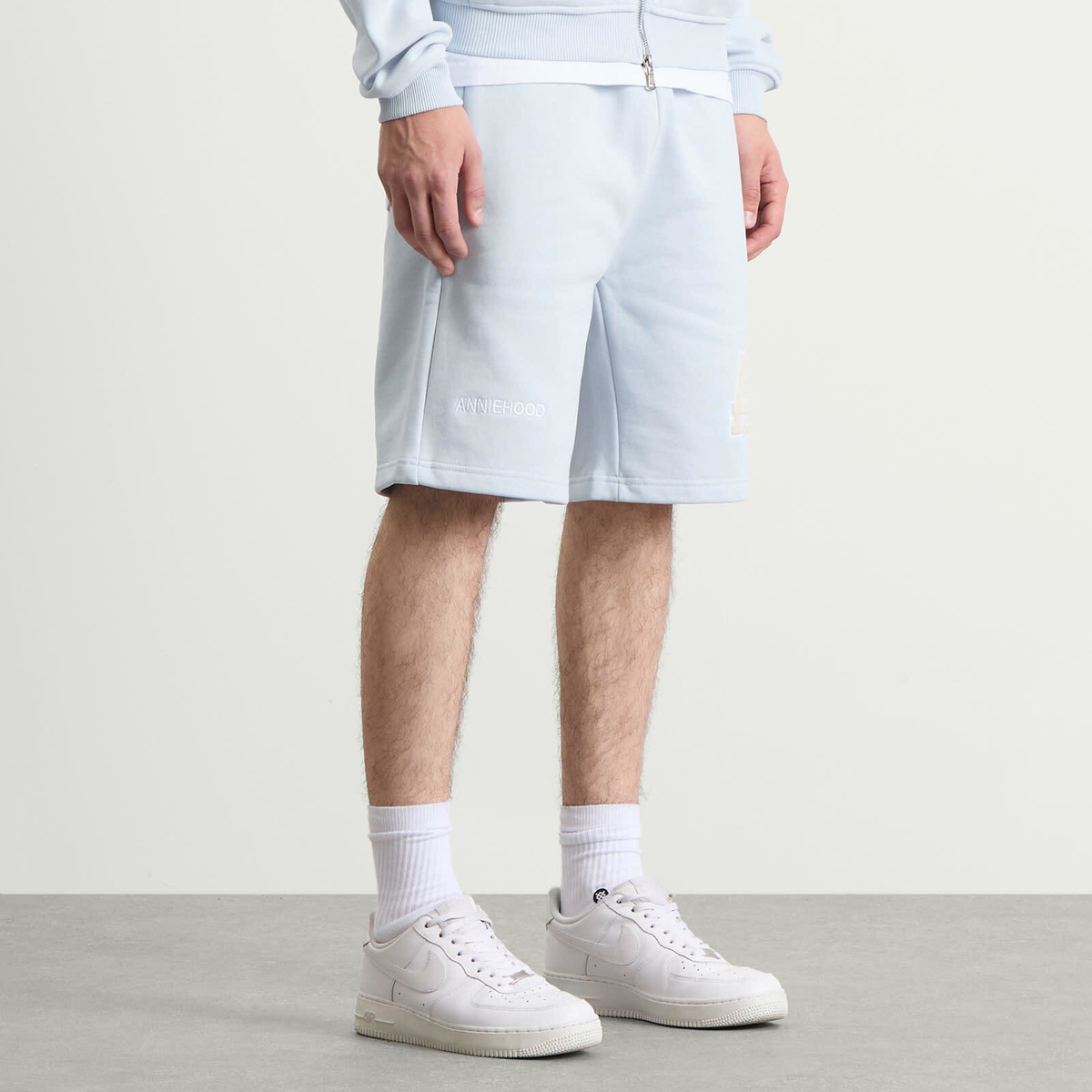 ANNIE HOOD Men's College Sweat Shorts in Baby Blue/White