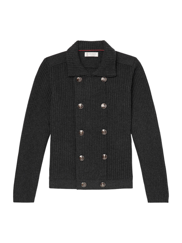 Photo: Brunello Cucinelli - Double-Breasted Ribbed Cashmere Cardigan - Gray
