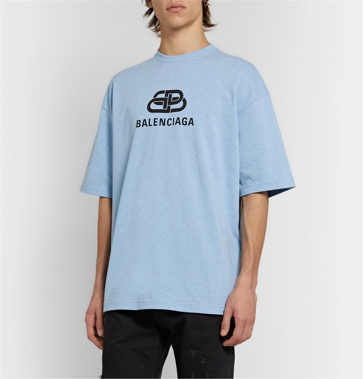 BALENCIAGA - Oversized Distressed Logo-Print Organic Cotton-Jersey T-Shirt  - Blue - M Balenciaga