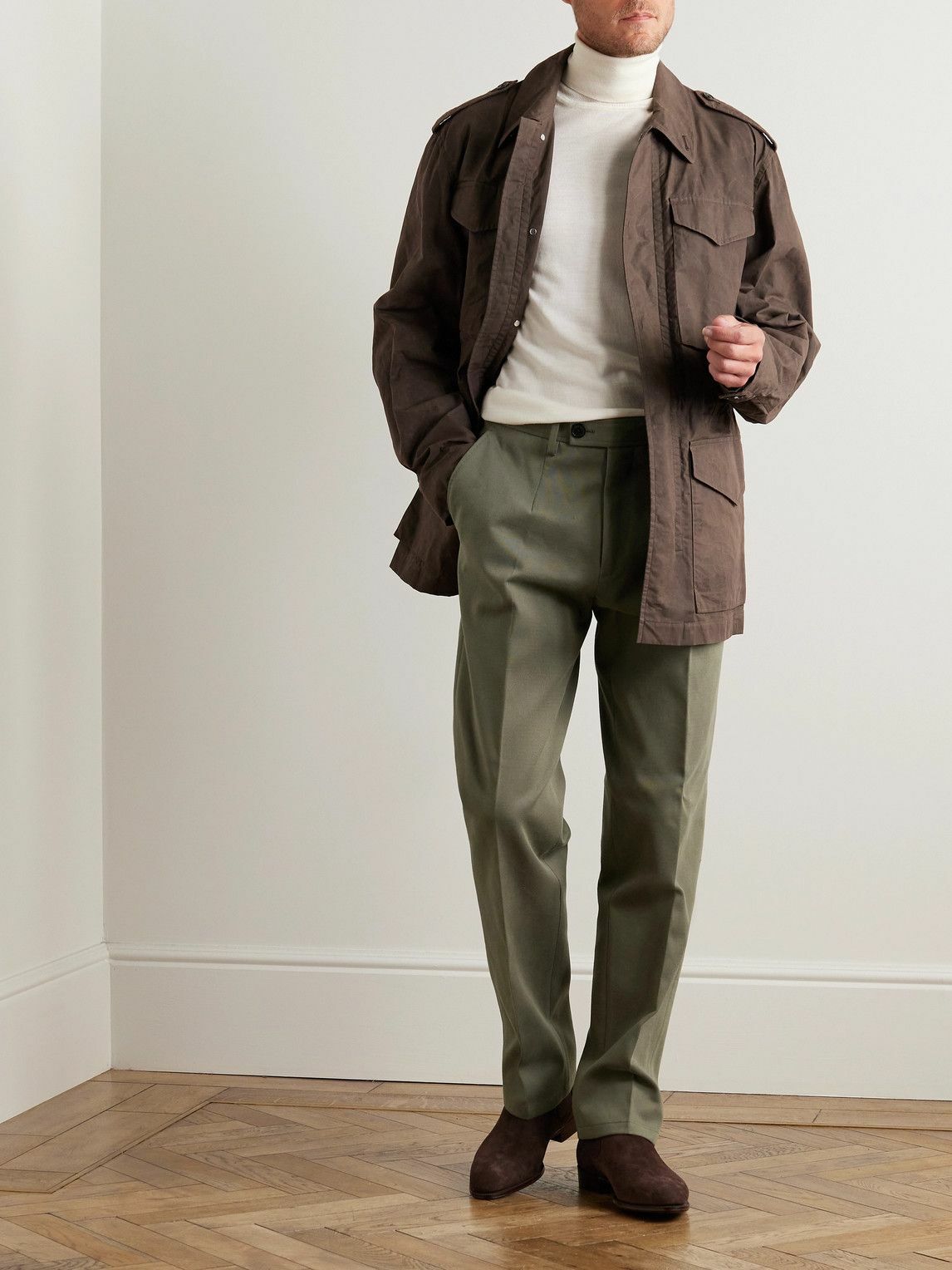 Purdey - Tapered Pleated Cotton-Twill Trousers - Green