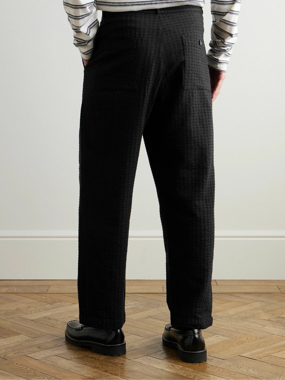 Oliver Spencer - William Straight-Leg Organic Cotton-Blend Seersucker Trousers - Black
