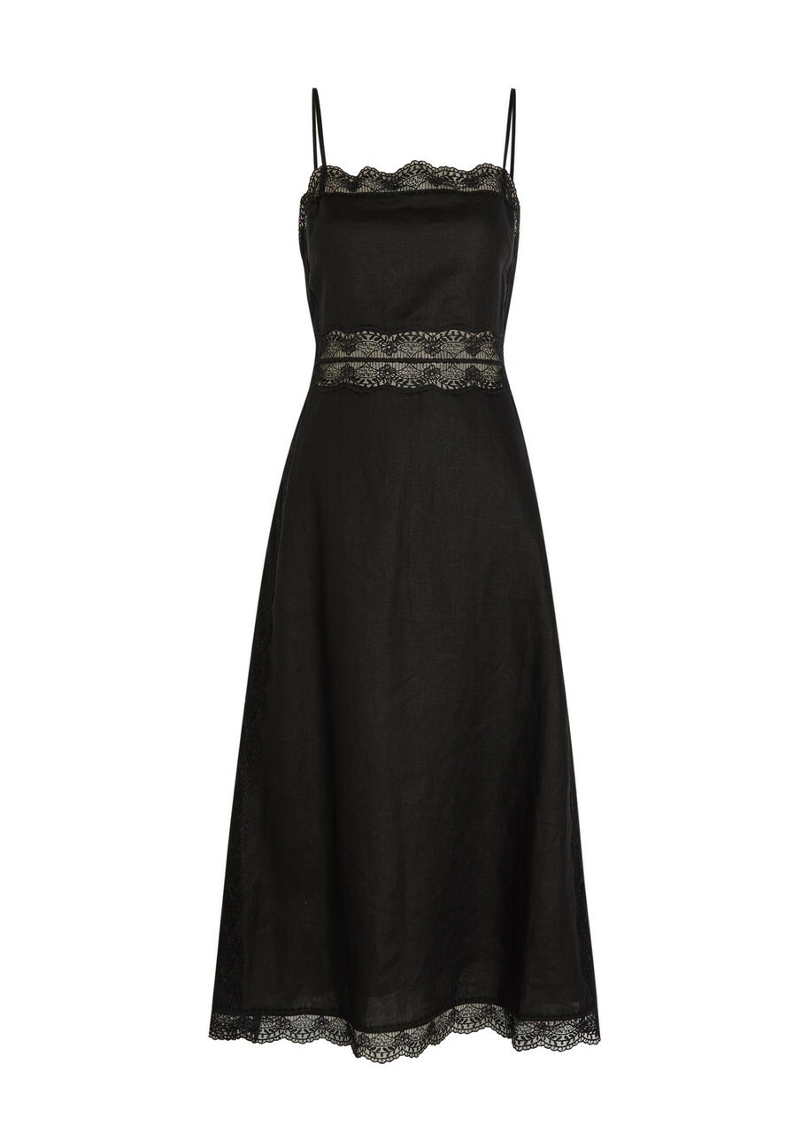 Staud Amalina Lace and Linen Midi Dress Black