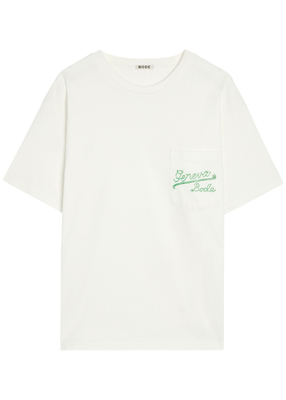 Bode Geneva Beaded Cotton T-shirt Cream