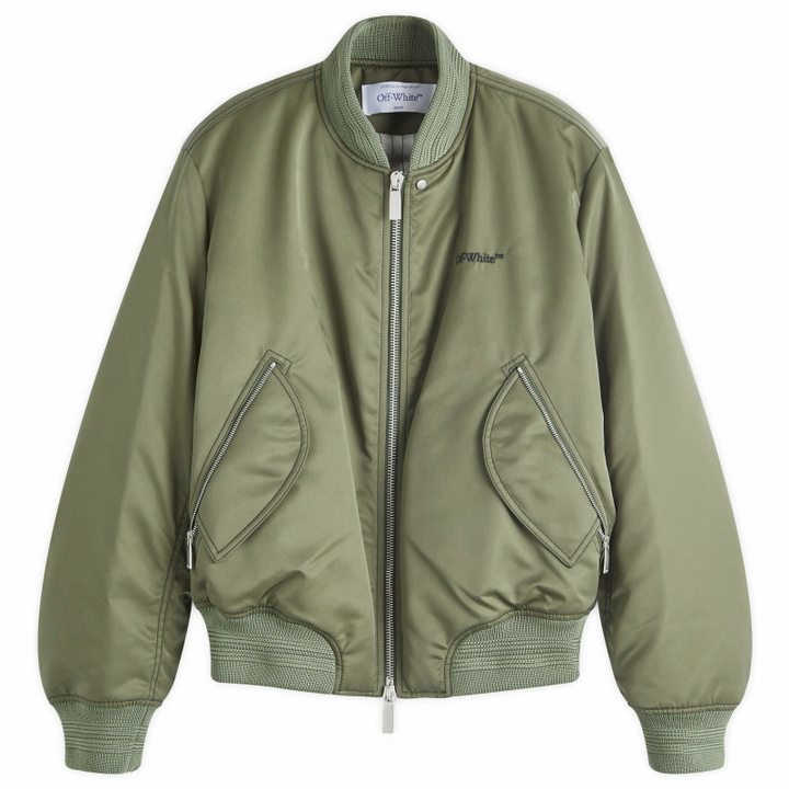 Photo: Off-White Men's Contrast Stitch Nylon Bomber Jacket in Green