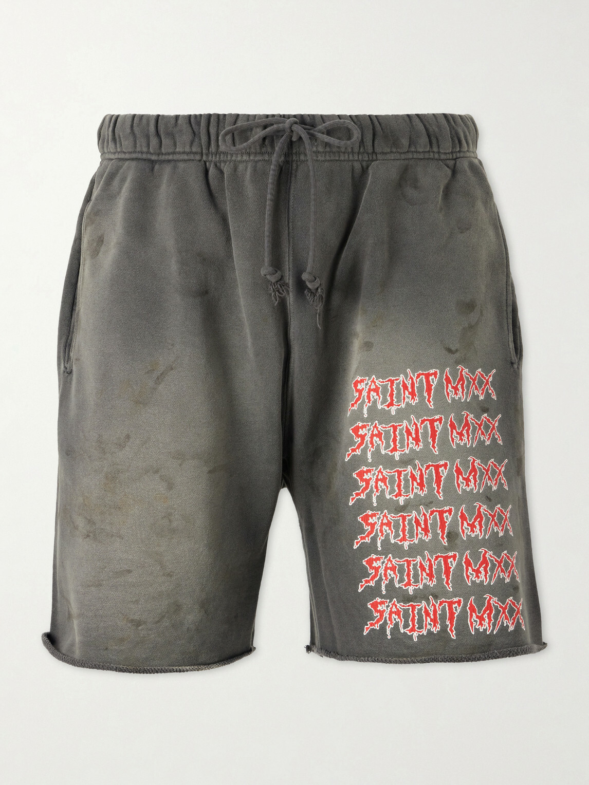 SAINT MXXXXXX - Wide-Leg Logo-Print Distressed Cotton-Jersey Drawstring Shorts - Gray