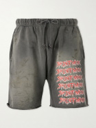 SAINT MXXXXXX - Wide-Leg Logo-Print Distressed Cotton-Jersey Drawstring Shorts - Gray