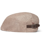 Brunello Cucinelli - Leather-Trimmed Herringbone Linen Flat Cap - Men - Tan