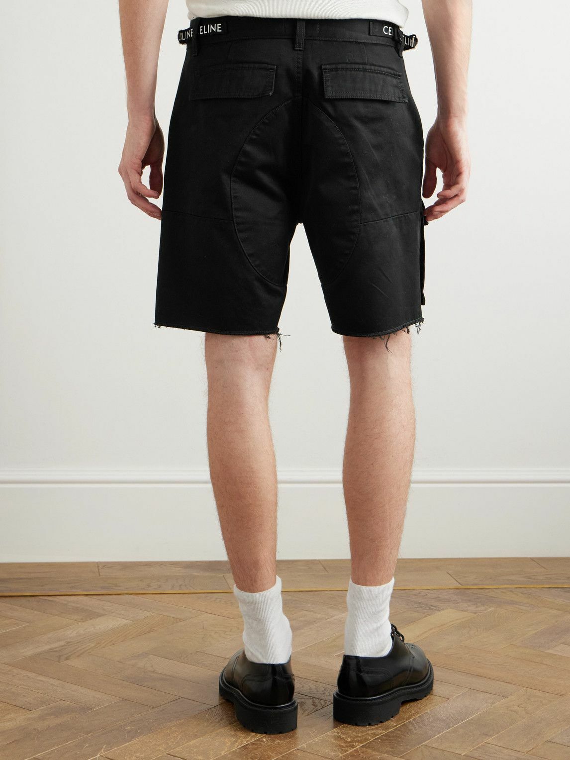 CELINE - Straight-Leg Distressed Cotton-Twill Cargo Shorts - Black