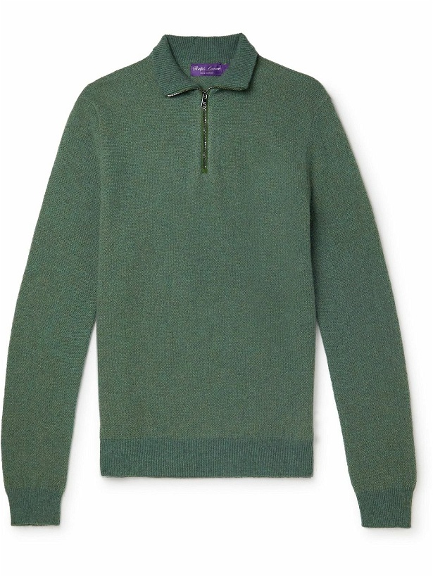 Photo: Ralph Lauren Purple label - Suede-Trimmed Honeycomb-Knit Cashmere Half-Zip Sweater - Green