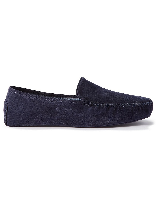Photo: Thom Sweeney - Cashmere-Lined Suede Slippers - Blue