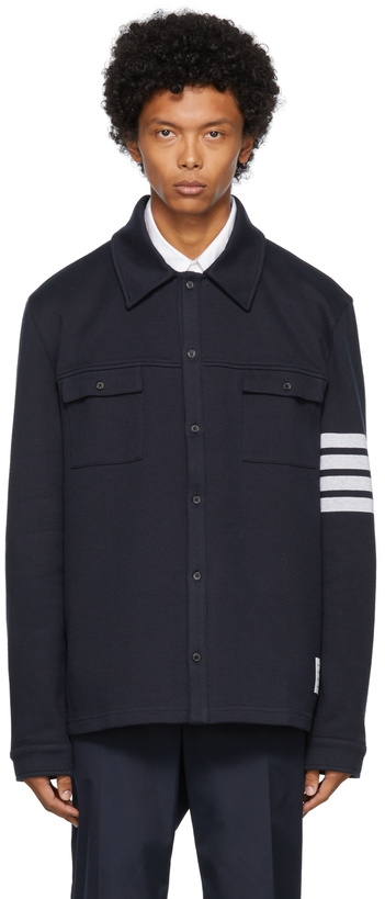 Photo: Thom Browne Navy 4-Bar Button-Down Shirt Jacket